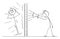 Person or Neighbor Doing Loud Noise Using Megaphone Behind Wall, Vector Cartoon Stick Figure Illustration