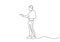 Person painting one line drawing. Continuous single lineart of painter, man standing holding paintbrush to make an artwork