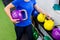 Person picking the right kettlebell for next exercise.