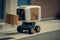 person, picking up urgent parcel from robot courier, which quickly speeds off
