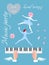 Person playing on grand piano. Hands with wings and little dancing fairy and elf on scy blue background in vector.