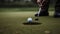 A person plays golf aiming for the hole in one or as close as possible created with Generative AI