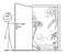 Person Pointing at Door Inviting to Go to Tropical Paradise, Vector Cartoon Stick Figure Illustration