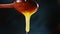 Person pours tasty honey from spoon on dark background