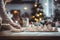 A person preparing food on a table in front of a christmas tree.