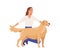 Person presenting golden Retriever. Young woman showing her dog. Doggy standing with tongue hanging out and its owner