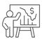 Person presents diagram on signboard thin line icon, presentation concept, businessman with graphs and dollar symbol on