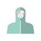 Person in protective antiviral suit , medical mask and protective glasses, flat color image