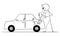 Person Refueling Out of Gas Car from Petrol Can, Vector Cartoon Stick Figure Illustration