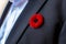 A Person with a remembrance day poppy flower on a black suit