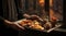 person in the restaurant with tray, person in the restaurant, close-up of hands holding tray with dishes and delicious foods