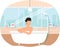 Person resting in bathroom. Guy is steaming in bath. Man sitting in bathtub with hot water