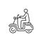 Person rides scooter black line icon. City transport rental. Pictogram for web, mobile app, promo. UI UX design element