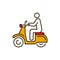 Person rides scooter color line icon. City transport rental. Pictogram for web, mobile app, promo. UI UX design element. Editable