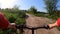 Person riding bicycle ground road green trees grass river bank sunny summer day