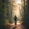 A person riding a bicycle through a serene, misty forest path, illuminated by the golden sunrise, ai generated