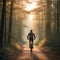A person riding a bicycle through a serene, misty forest path, illuminated by the golden sunrise, ai generated