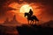 A person riding a dark horse stands silhouetted against a night sky