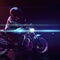 Person riding motorcycle in a dark city with neon lights, genera