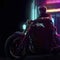 Person riding motorcycle in a dark city with neon lights, genera