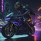 Person riding motorcycle in a dark city with neon lights, generative AI