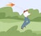 Person running forward with flying air kite, playing with joy and ease outdoors in nature. Happy free woman holding it