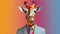 A person\\\'s body in a business shirt combined with the head of a friendly giraffe