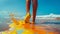 A person& x27;s feet are splashing in the ocean with orange paint, AI