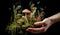 Person\\\'s hand holding mossy piece of land with many small mushrooms. Environment concept. AI generated