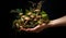 Person\\\'s hand holding mossy piece of land with many small mushrooms. Environment concept. AI generated
