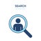 Person search icon. Vector illustration of a magnifier with human icon on it. Represents concept of searching for the right person