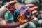 A person is seen holding a cluster of crystals tightly in their hand, showcasing the beauty and variety of the collection, A hand