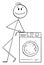 Person or Seller Leaning Towards or Showing Washing Machine, Vector Cartoon Stick Figure Illustration