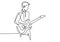 Person sing a song with acoustic guitar. Young happy male guitarist. Musician artist performance concept single line draw design