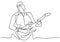 Person sing a song with acoustic guitar. Young happy male guitarist. Musician artist performance concept single line draw design