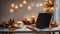 Person sits on chair and types on laptop keyboard put on table near