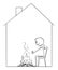 Person Sitting Around Campfire Inside Cold House During Energy Crisis , Vector Cartoon Stick Figure Illustration