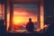Person sitting on bed looking out window at amazing sunrise sunset