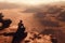 person, sitting on a cliff, overlooking the red and dusty landscape of colonizing mars