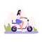 Person sitting on electric scooter. Woman on seat of modern eco moped. Rider on bike in summer. Female driver of urban