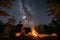 person, sitting by the fire, gazing at the starry night sky