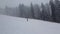 Person skiing on the snowy slope of Bukovel ski resort in the Ukrainian Carpathian mountains. Snow falling scene, blizzard frosty