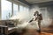 A person with special protective clothing and a gas mask spraying in a room with a sprayer for pests bugs and mites