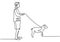 Person spending time walking with a dog. Playing with dog. Continuous single drawn one line. Vector illustration