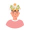 A person with spring flowers in head. Concept of positive thinking, self care, spiritual healthy slow life. Falling in