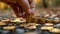 A person is stacking coins on a pile of gold, AI