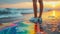 A person standing on a beach with colorful paint splattered all over the sand, AI