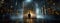 A person standing in front of a futuristic digital portal in a dark room