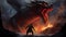 a person standing in front of a large demonic dragon on fire