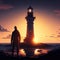 Person standing in front of lighthouse at dawn